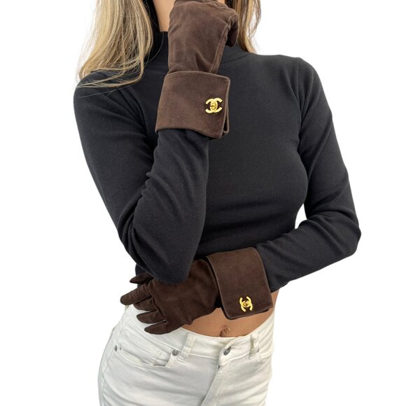 CHANEL Accessories - CHANEL Vintage Logo Turnlock CC Gloves #7 Brown Gold Suede  [105020]